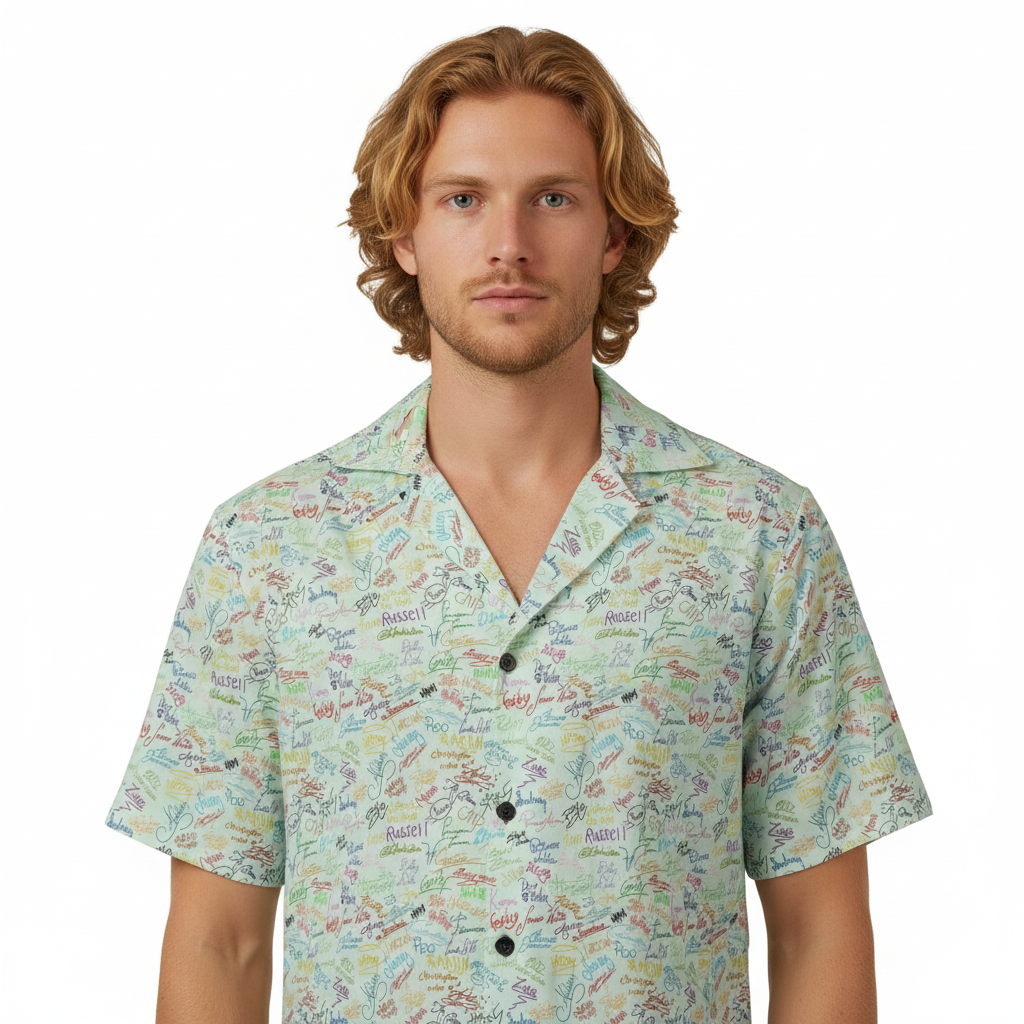 Character Autographs on Green Hawaiian Shirt