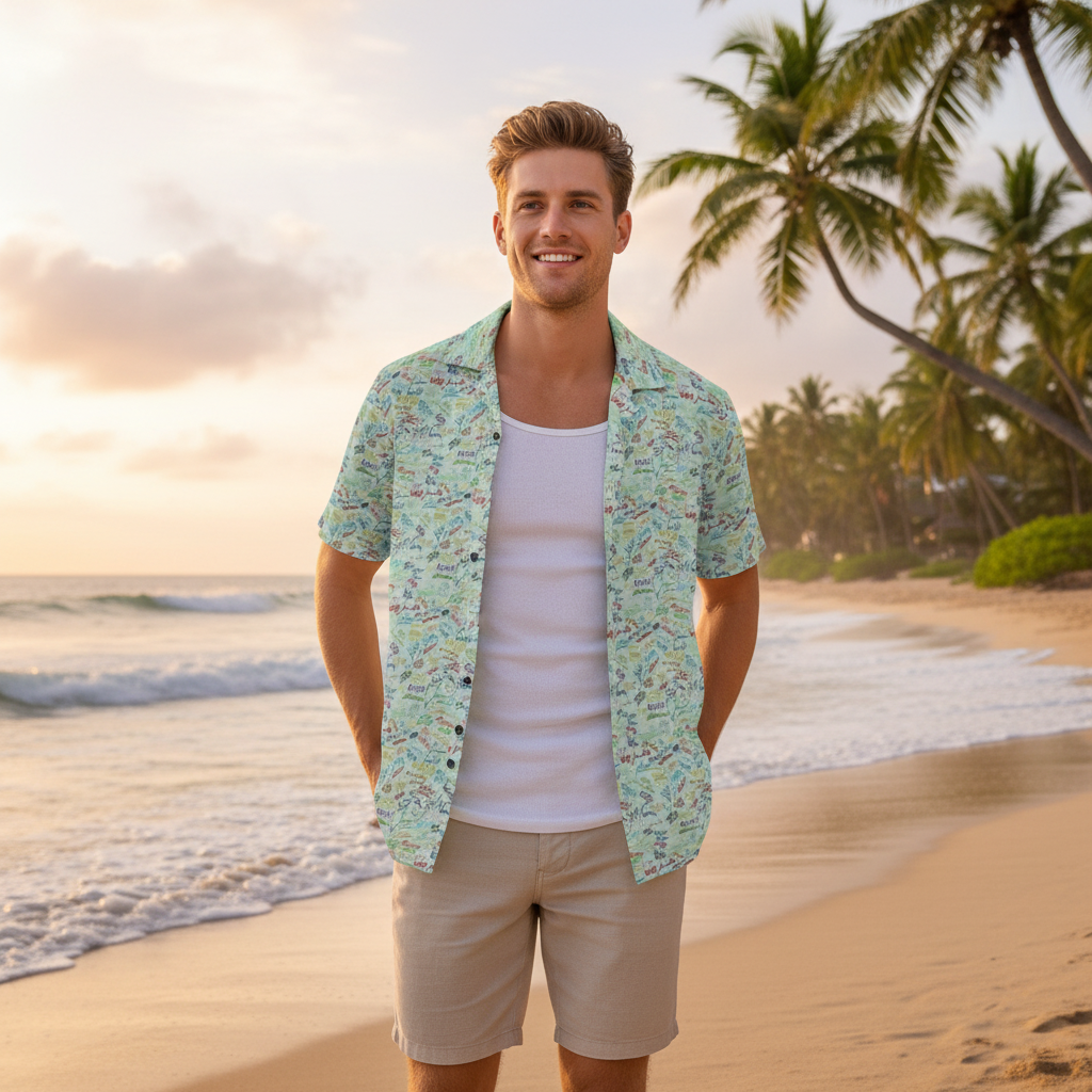 Character Autographs on Green Hawaiian Shirt