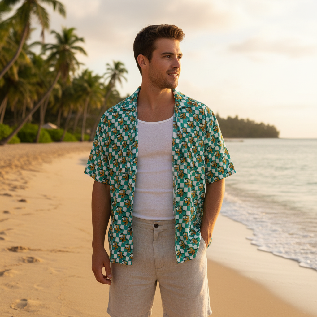 Teal Checkerboard Pluto Hawaiian Shirt