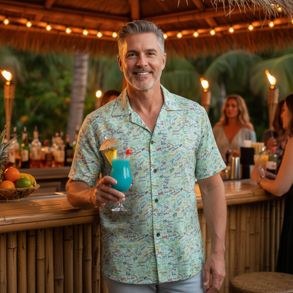 Character Autographs on Green Hawaiian Shirt