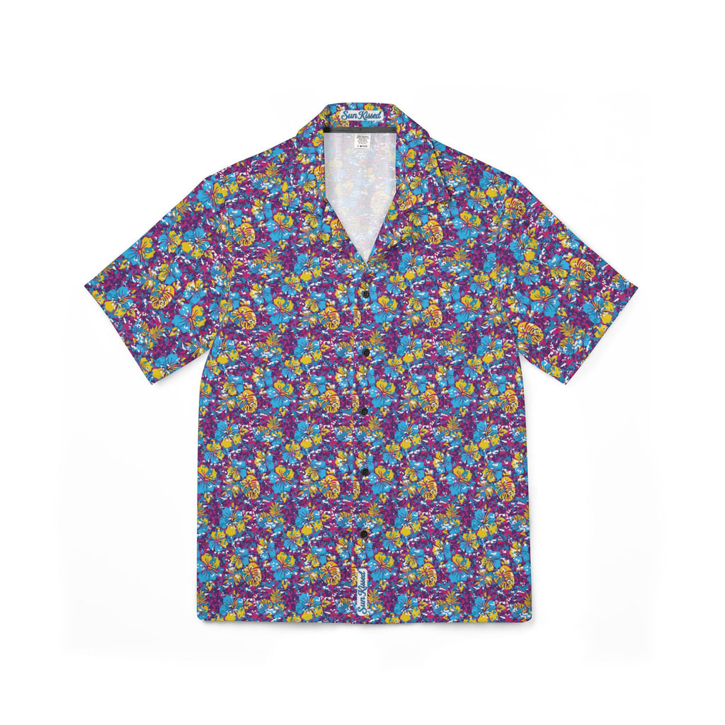 Yellow and Light Blue Abstract Hibiscus Floral Hawaiian Shirt