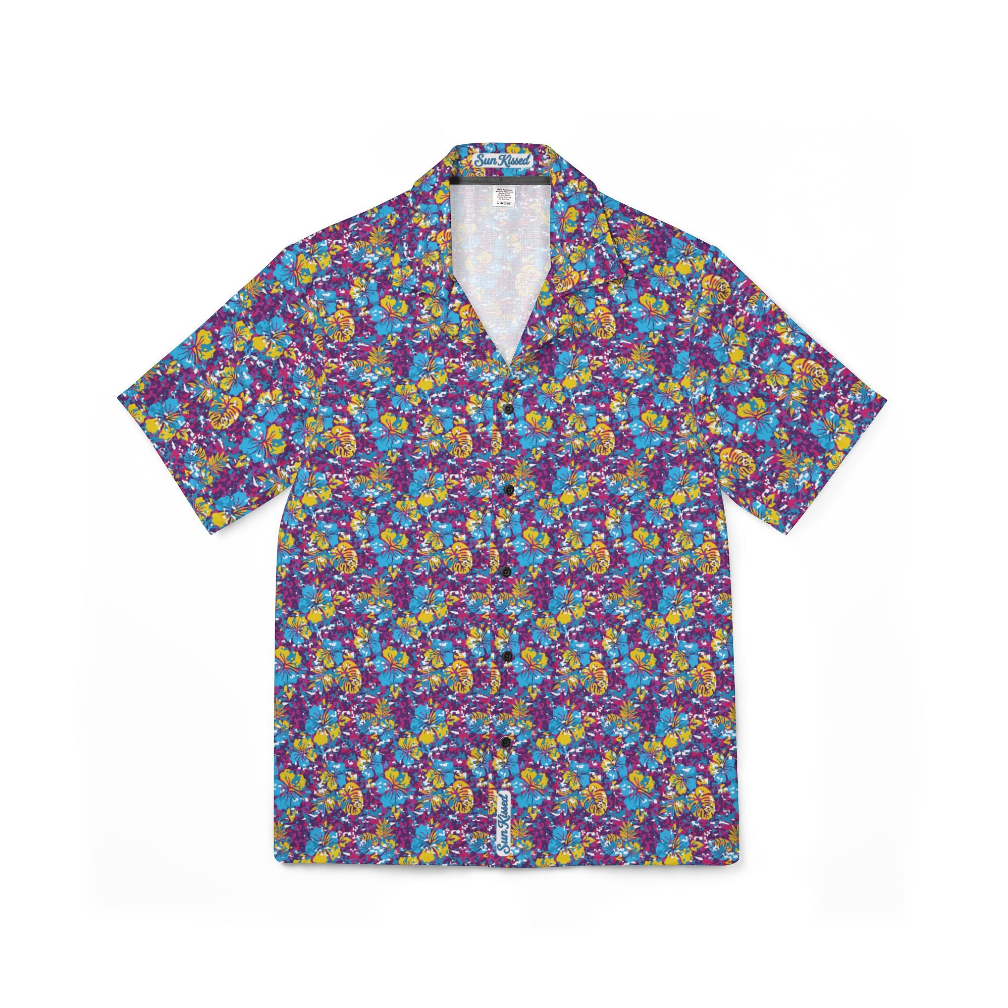 Yellow and Light Blue Abstract Hibiscus Floral Hawaiian Shirt