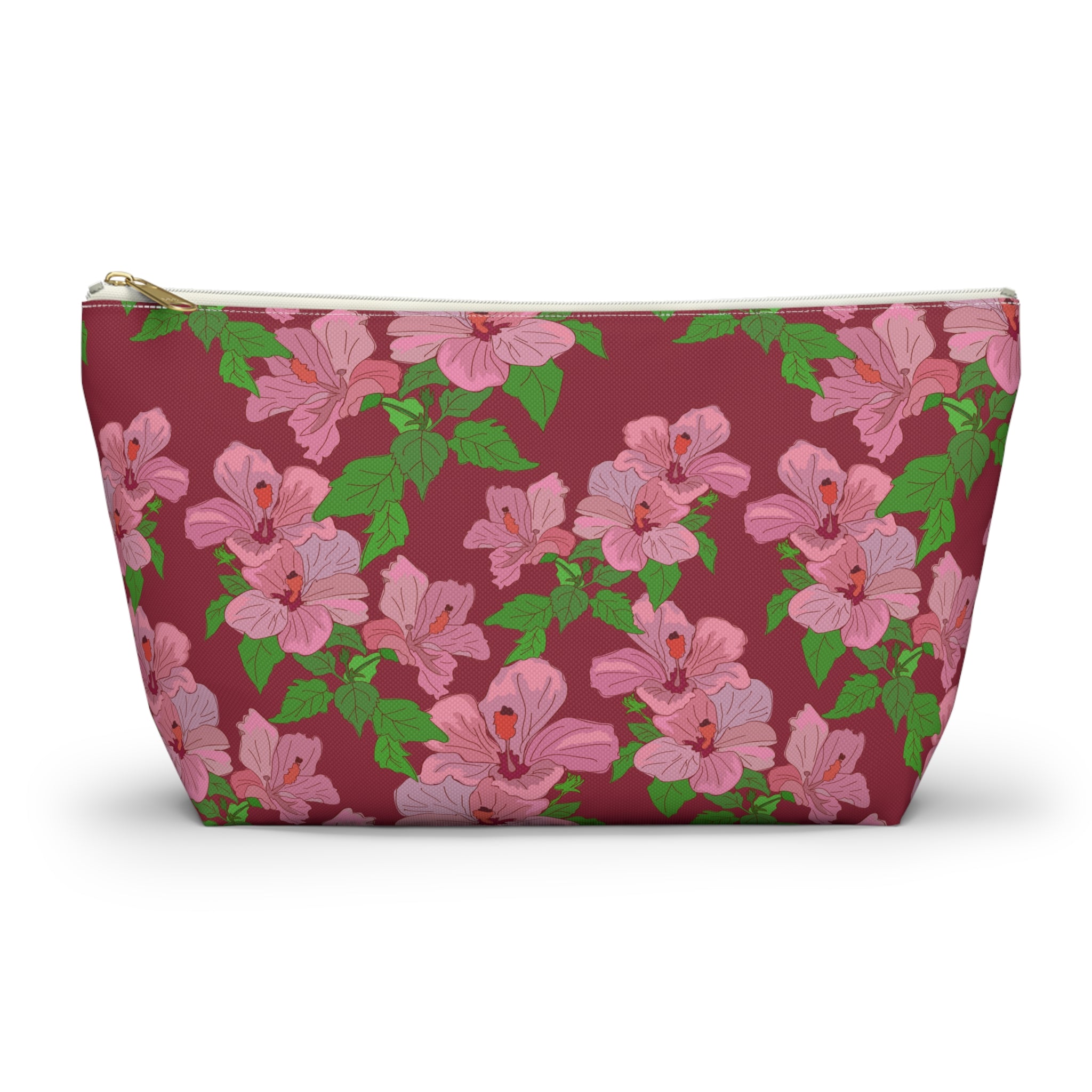 Pink Hibiscus on Red Cosmetic Bag