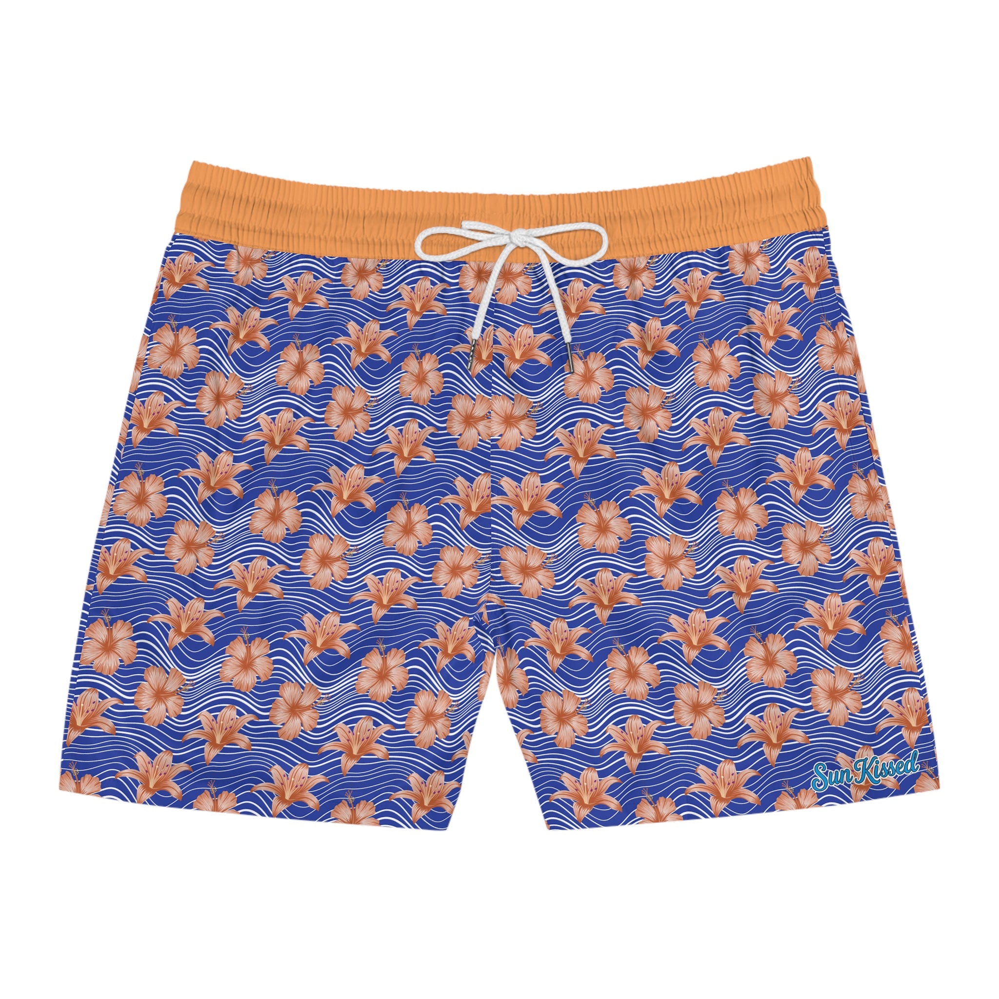 Orange Hibiscus Waves Swim Trunks