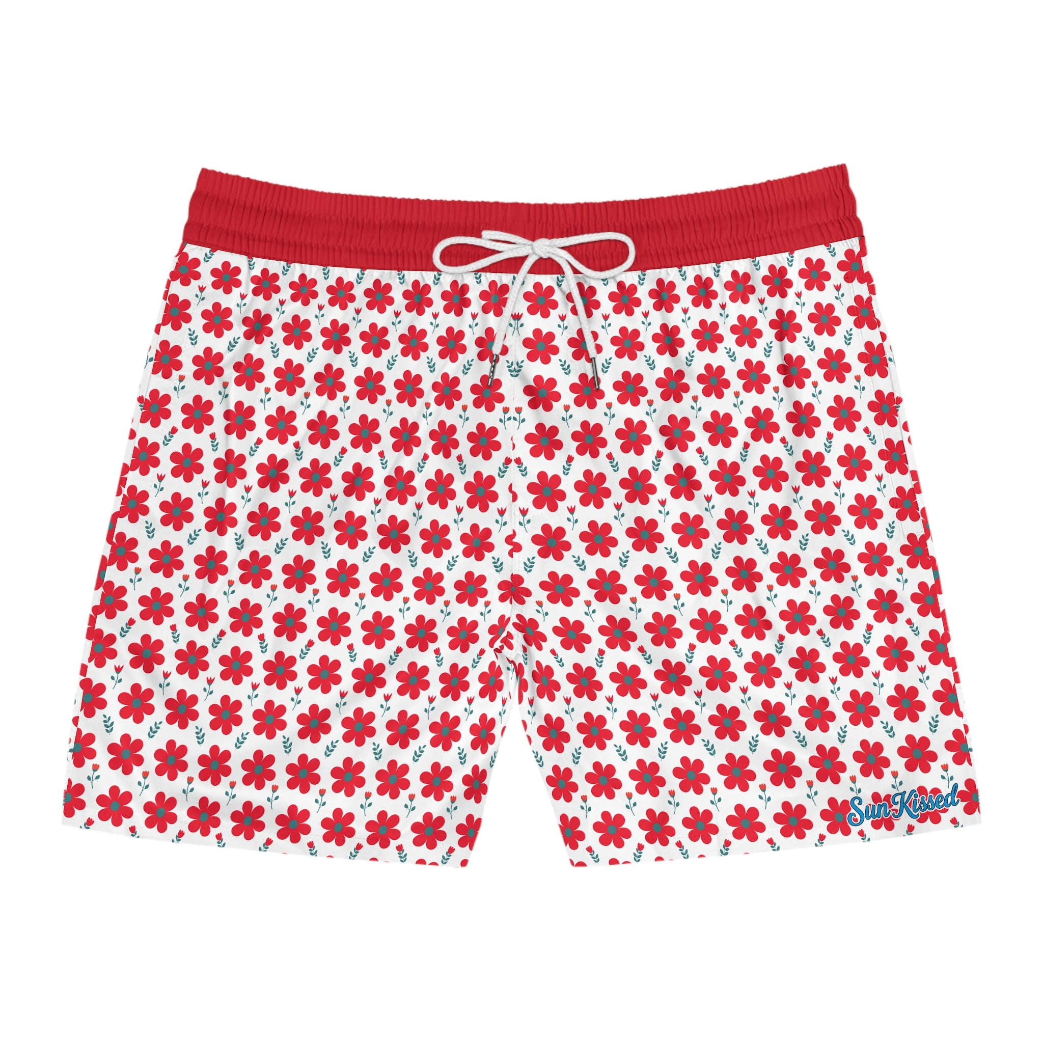 Red Daisy Floral Swim Trunks