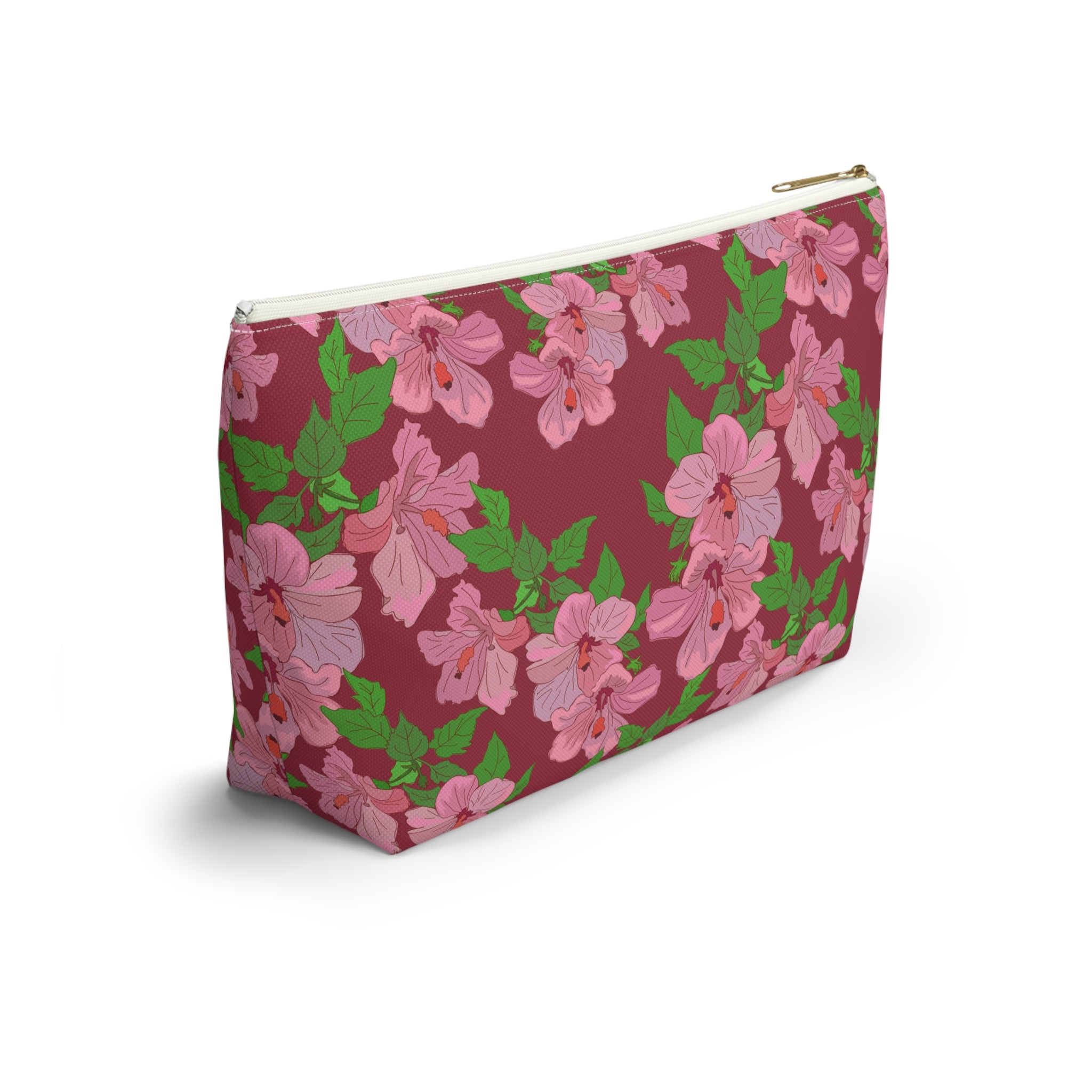 Pink Hibiscus on Red Cosmetic Bag