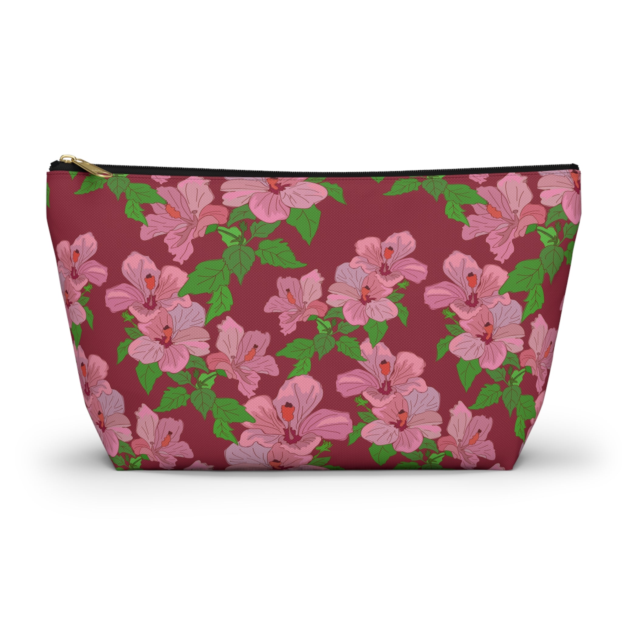 Pink Hibiscus on Red Cosmetic Bag