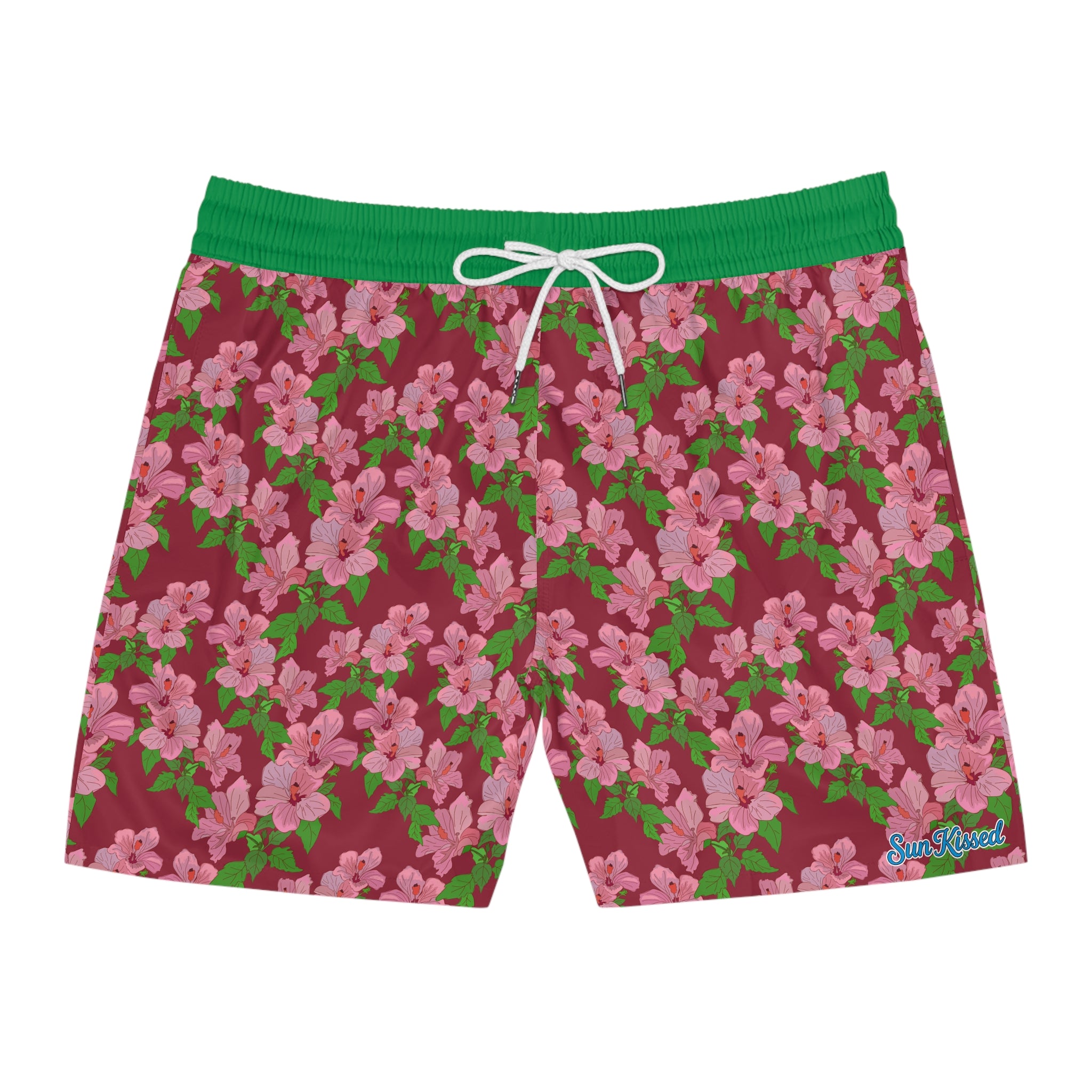 Pink Hibiscus on Red Swim Trunks