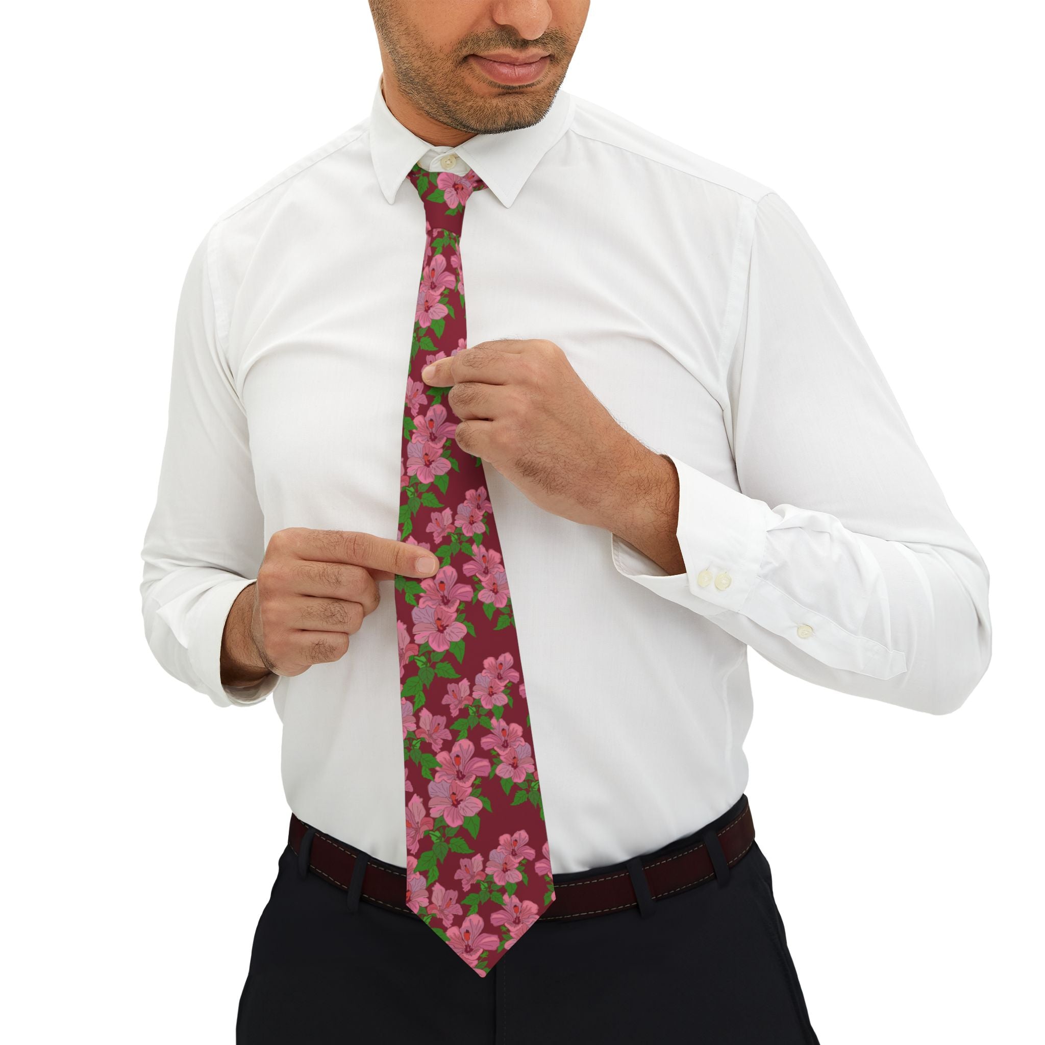 Pink Hibiscus on Red Mens Necktie