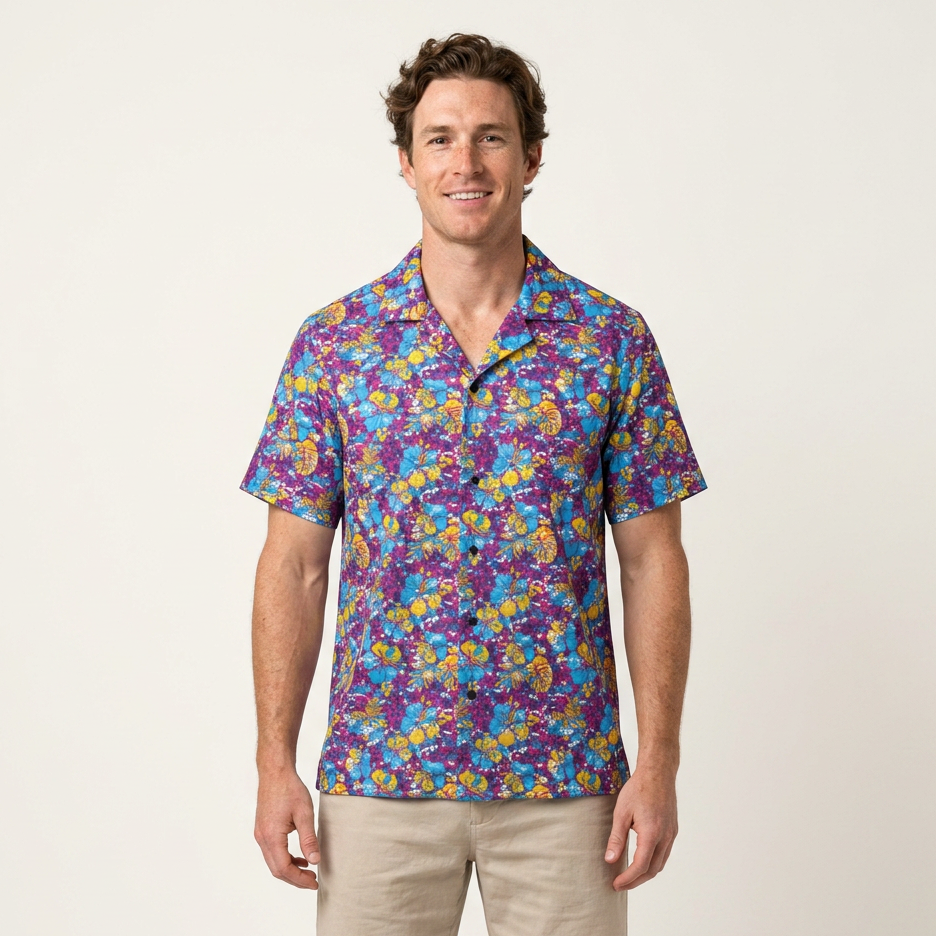 Yellow and Light Blue Abstract Hibiscus Floral Hawaiian Shirt