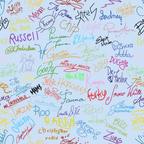 Character Autographs on Blue Cosmetic Bag