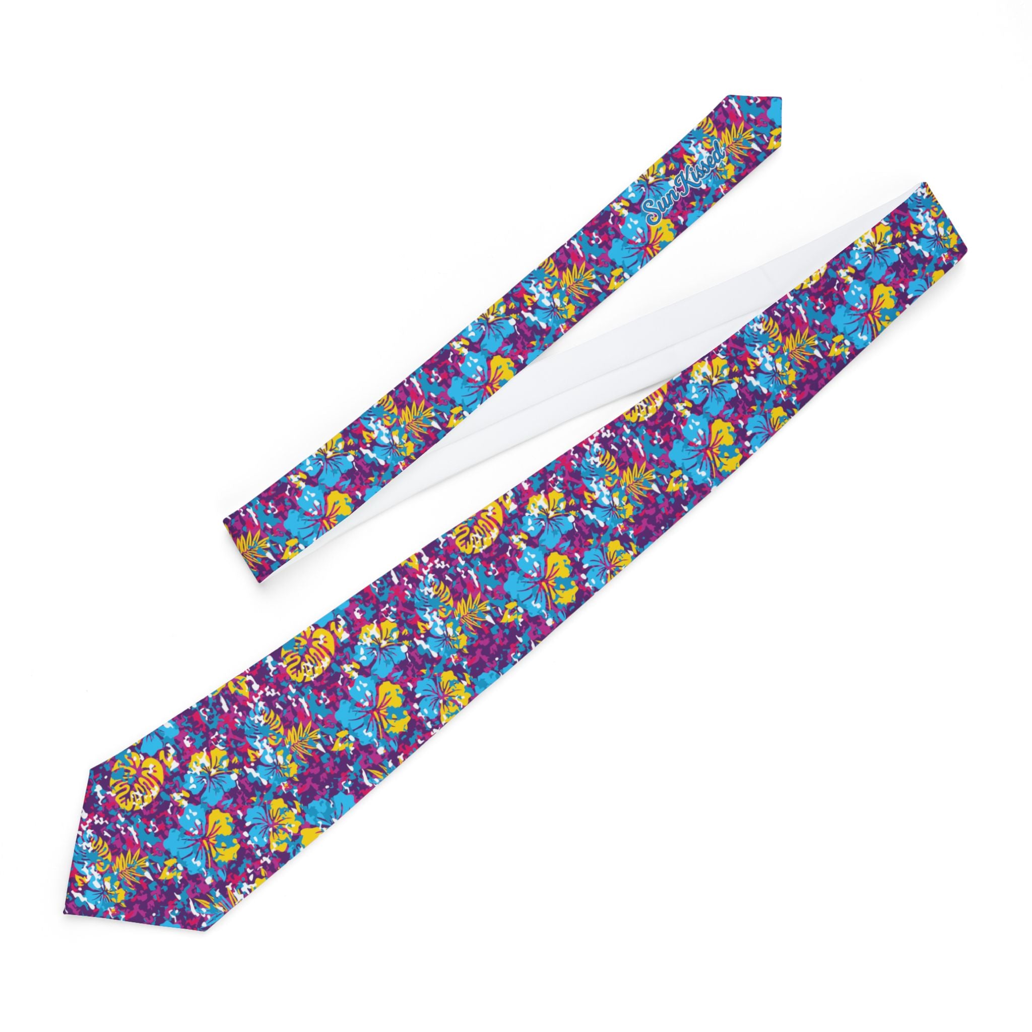 Yellow and Blue Abstract Hibiscus Mens Necktie
