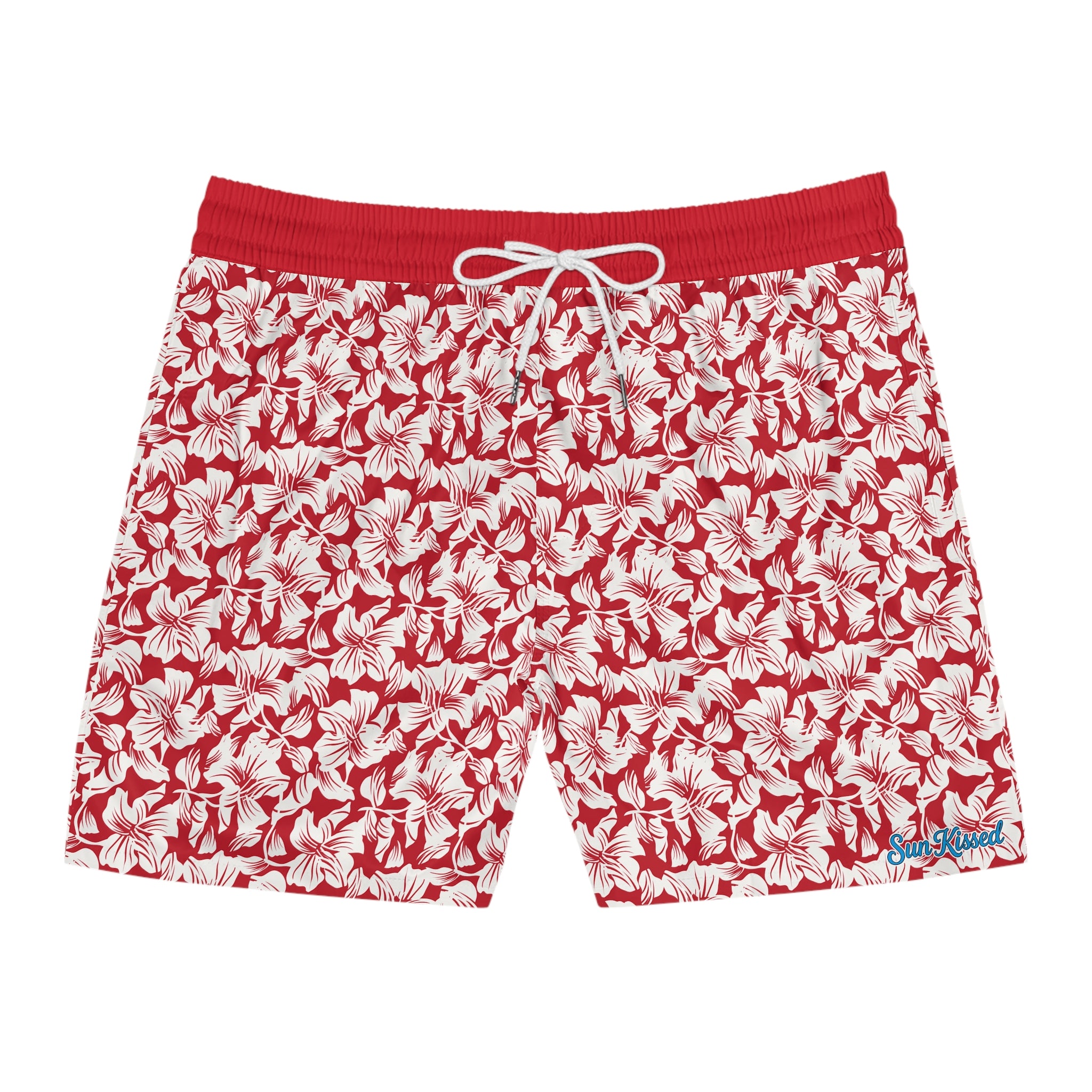 Red and White Hibiscus Floral Swim Trunks