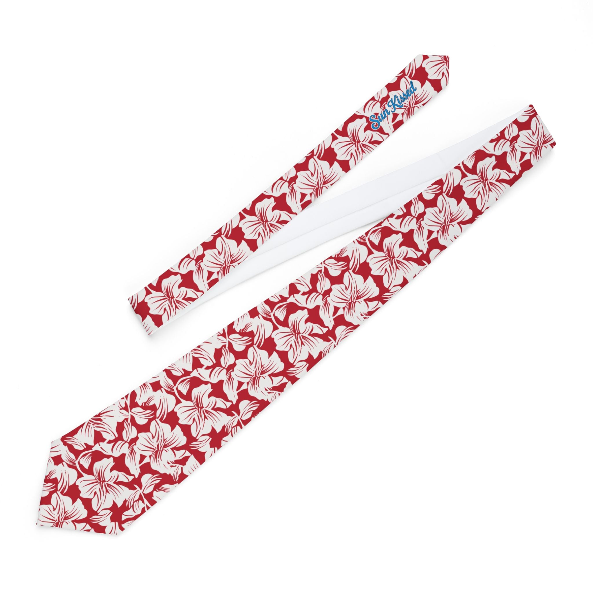 Red and White Hibiscus Floral Mens Necktie