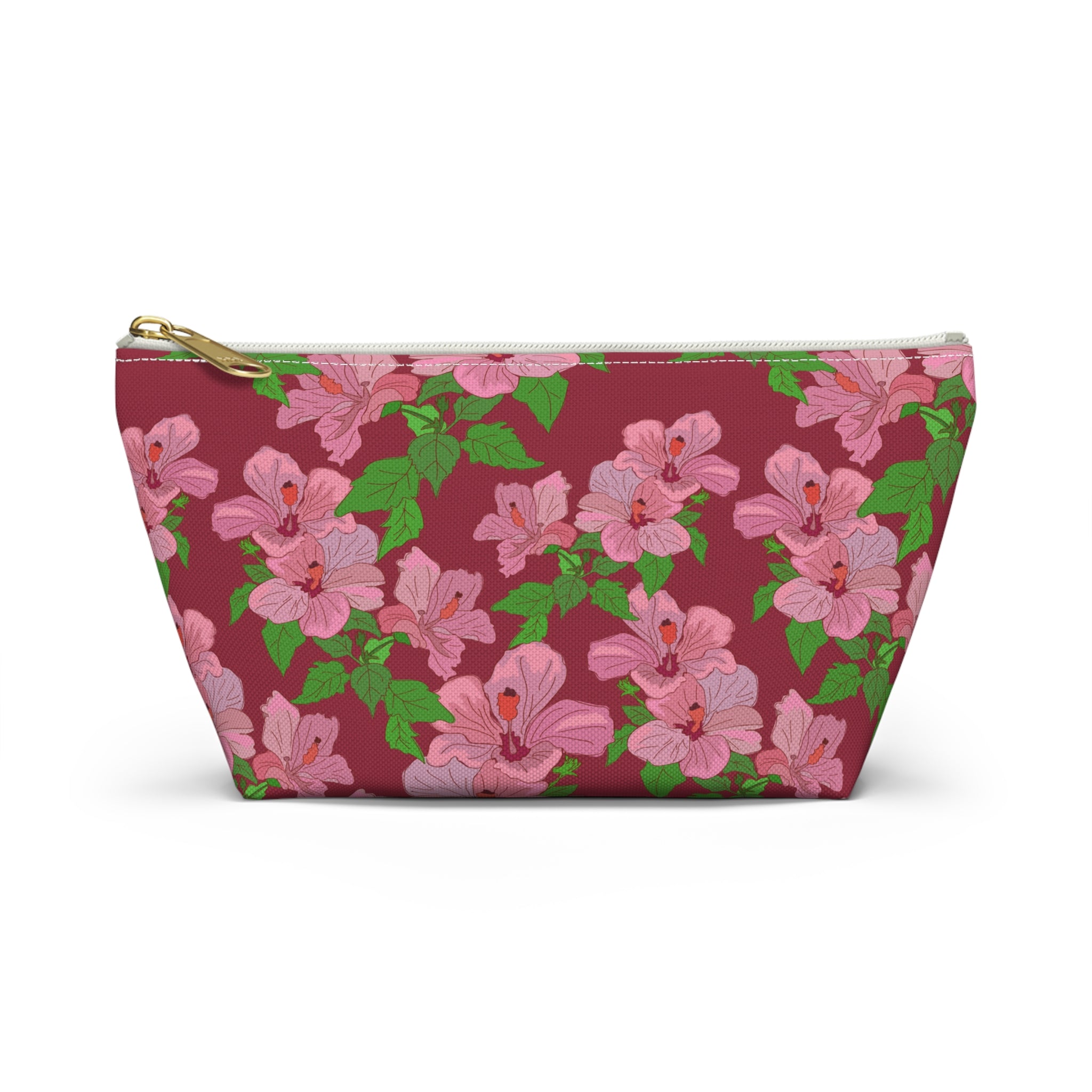 Pink Hibiscus on Red Cosmetic Bag