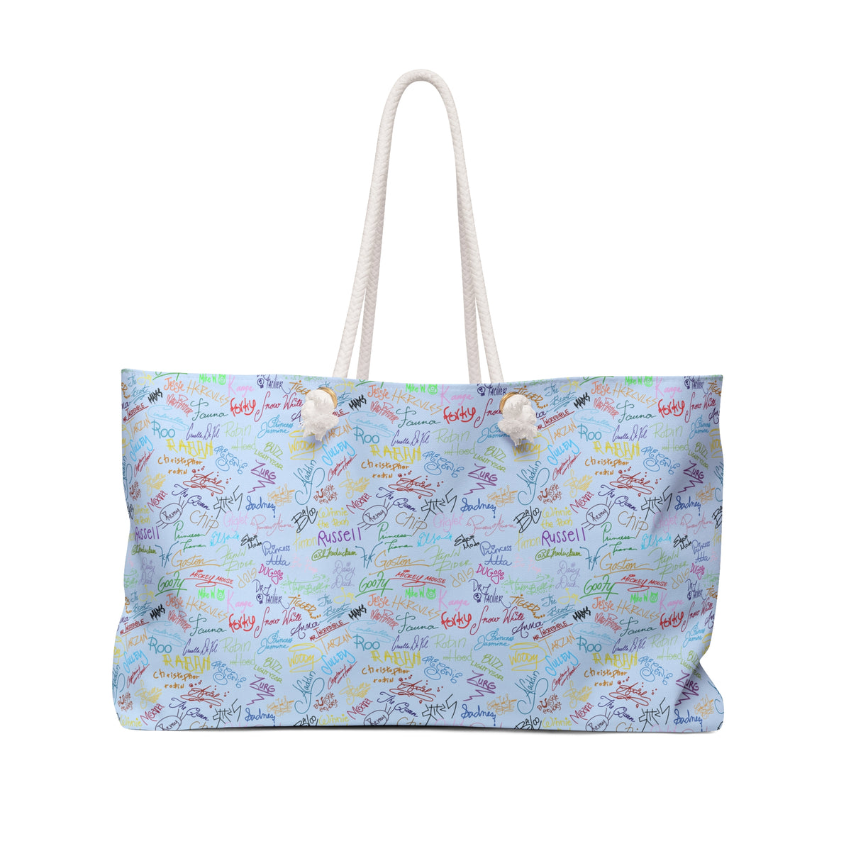 Character Autographs on Blue Weekender Bag