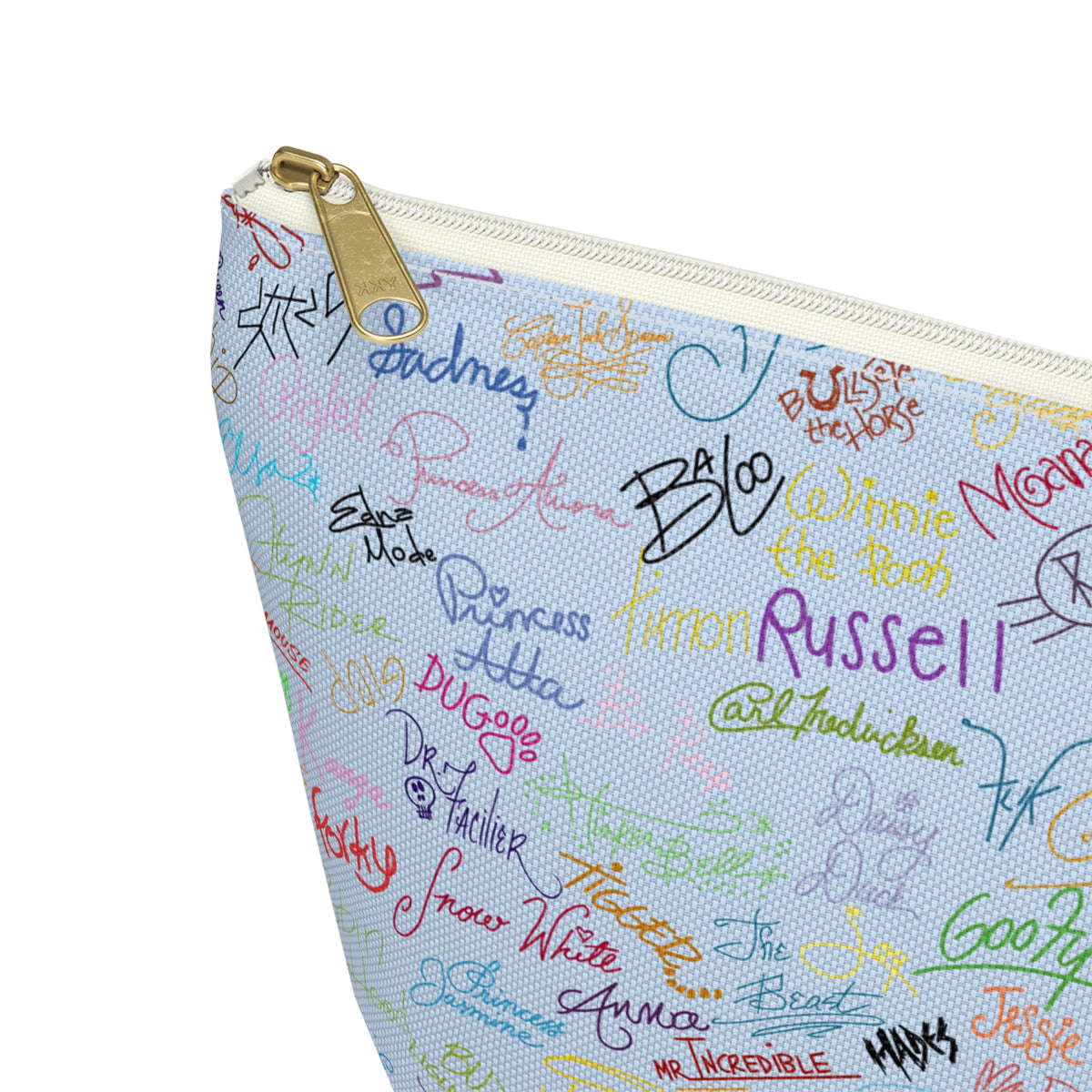 Character Autographs on Blue Cosmetic Bag