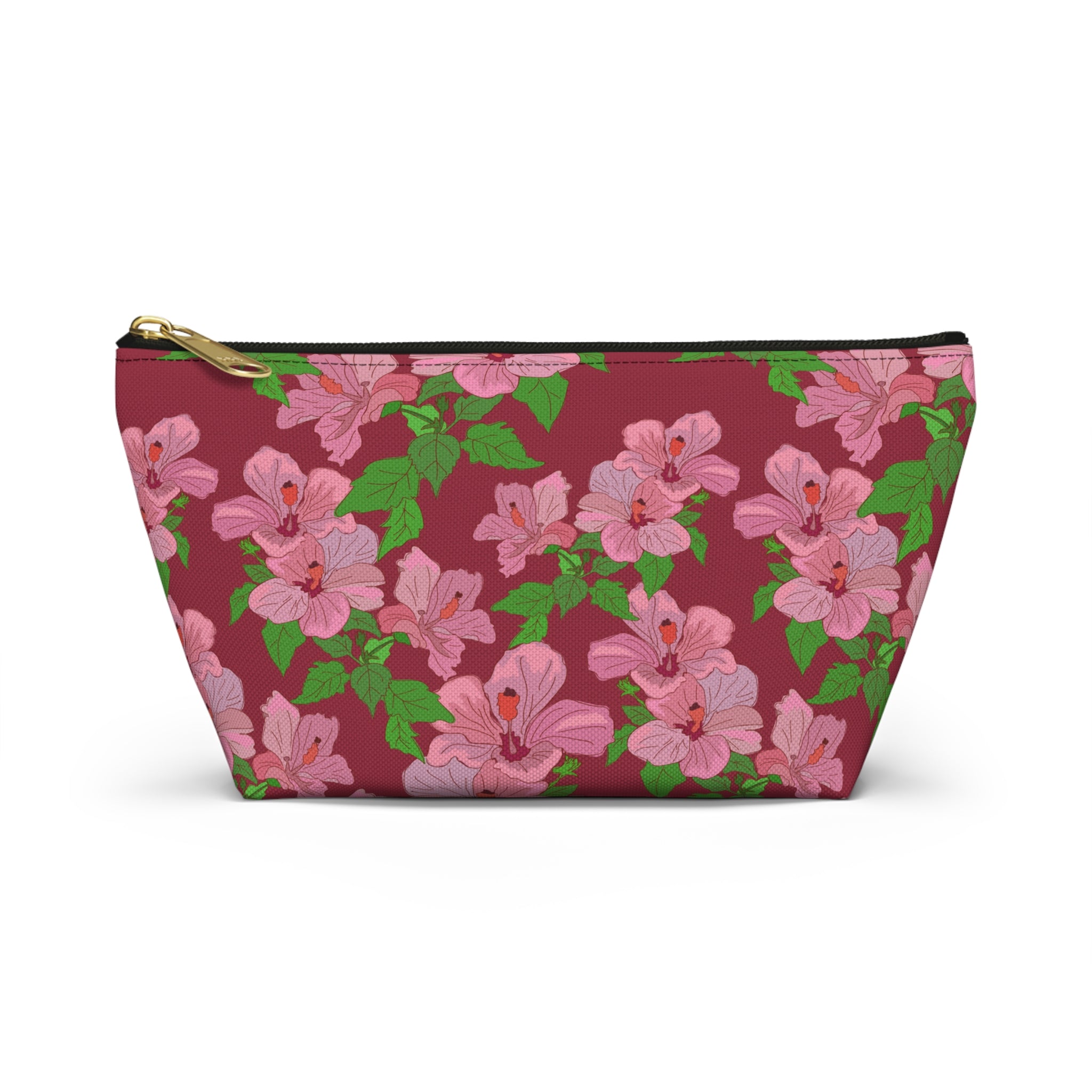 Pink Hibiscus on Red Cosmetic Bag