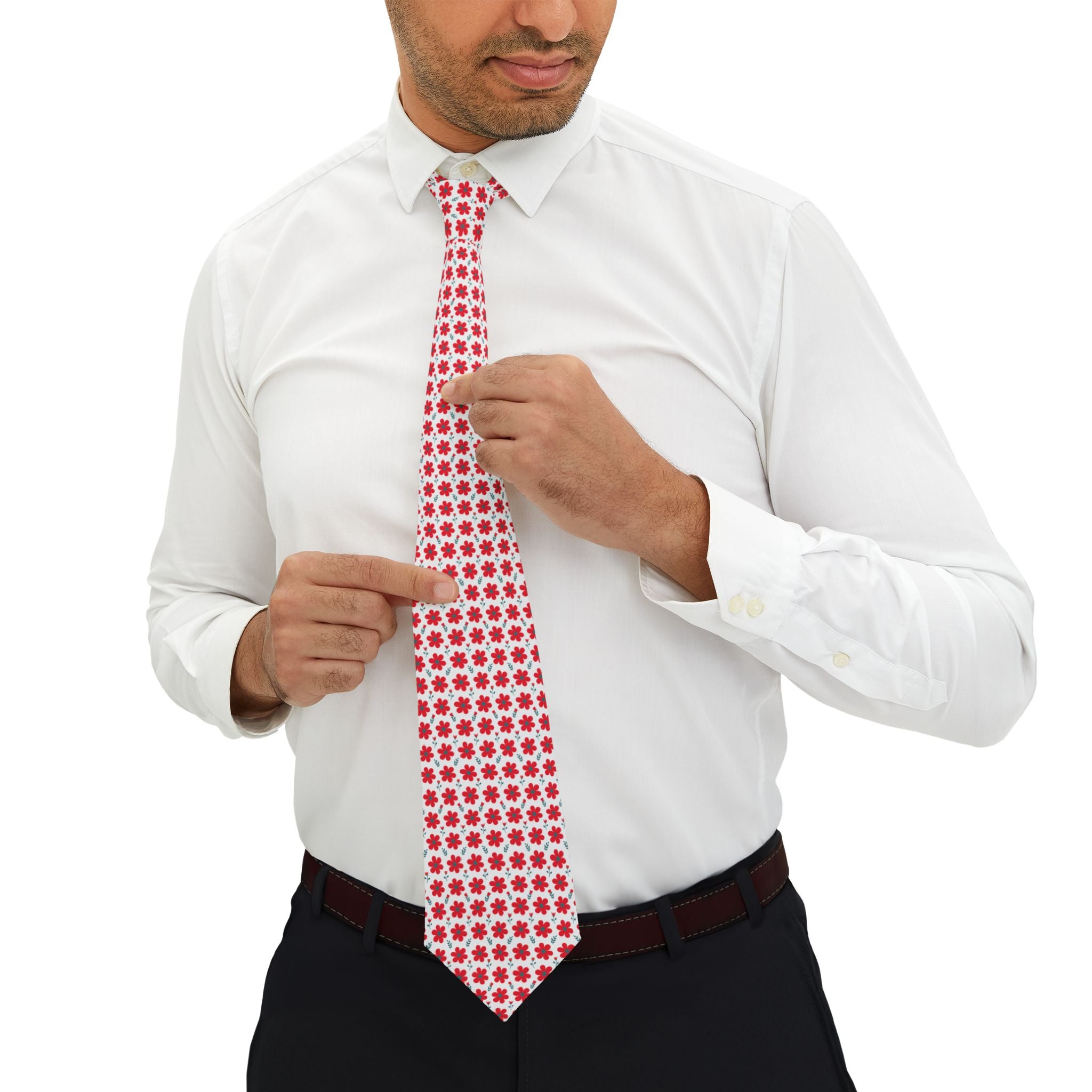 Red Daisy Floral Mens Necktie