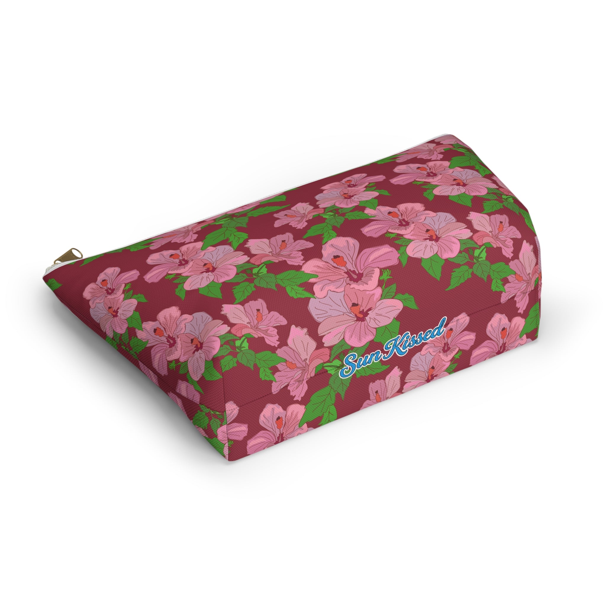 Pink Hibiscus on Red Cosmetic Bag