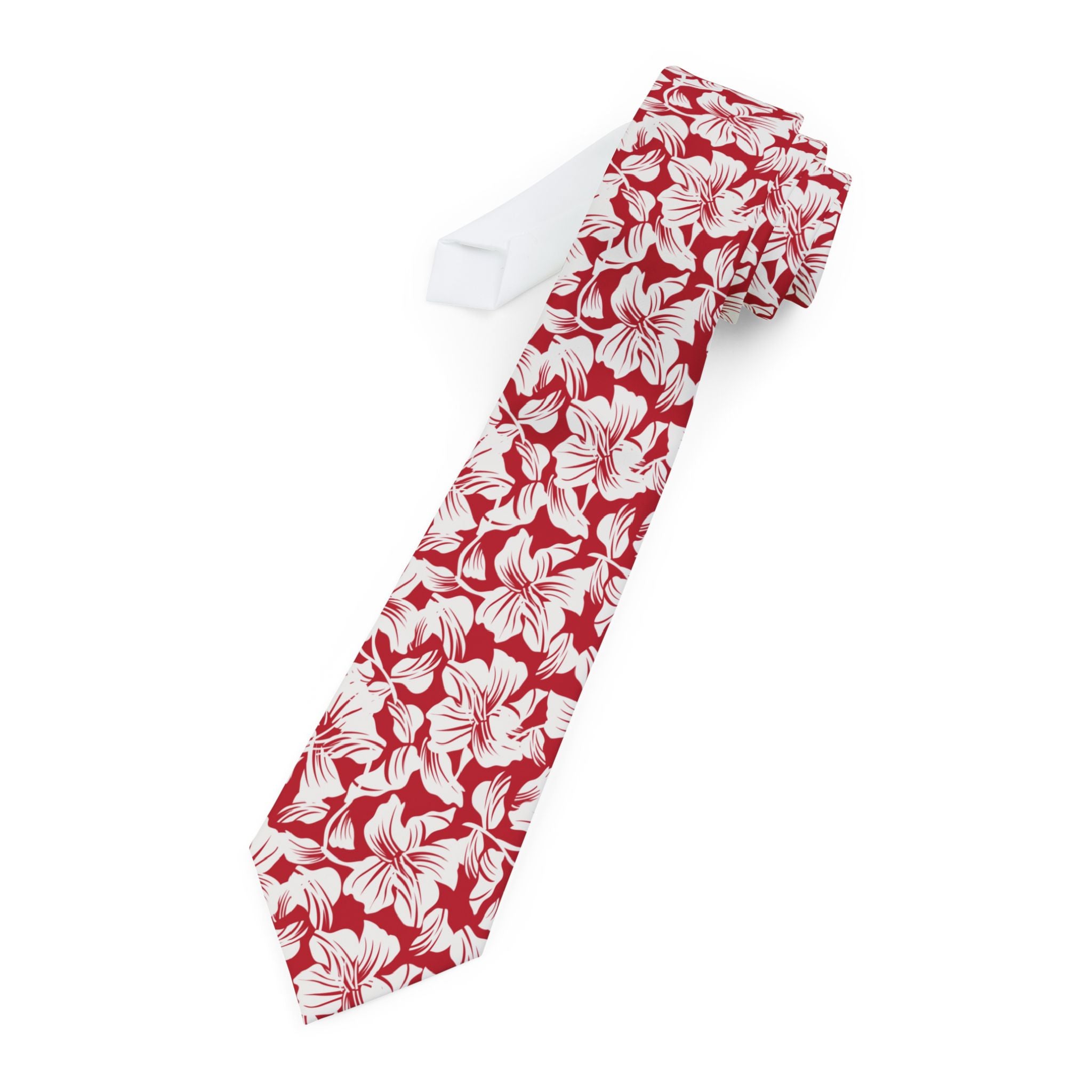 Red and White Hibiscus Floral Mens Necktie