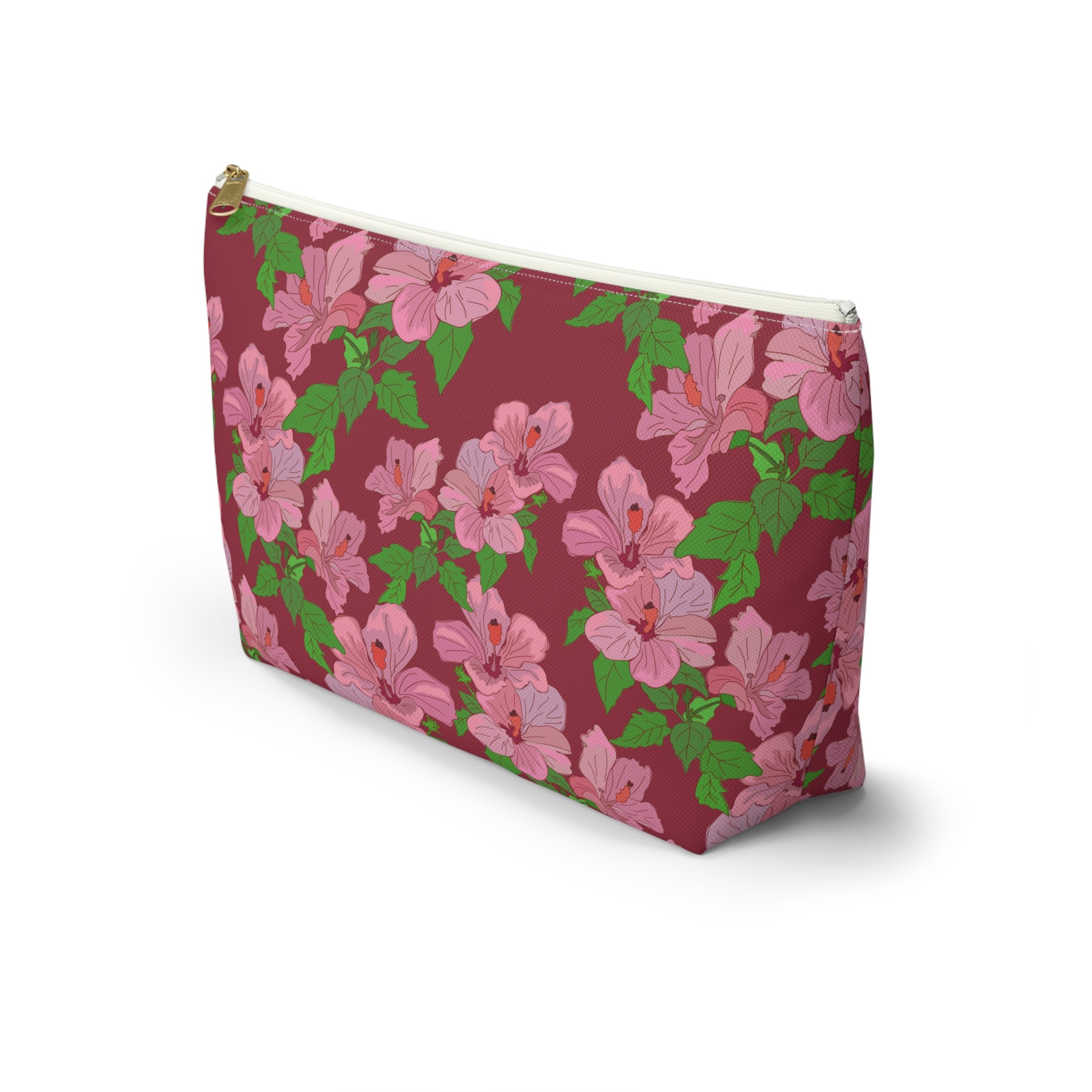 Pink Hibiscus on Red Cosmetic Bag