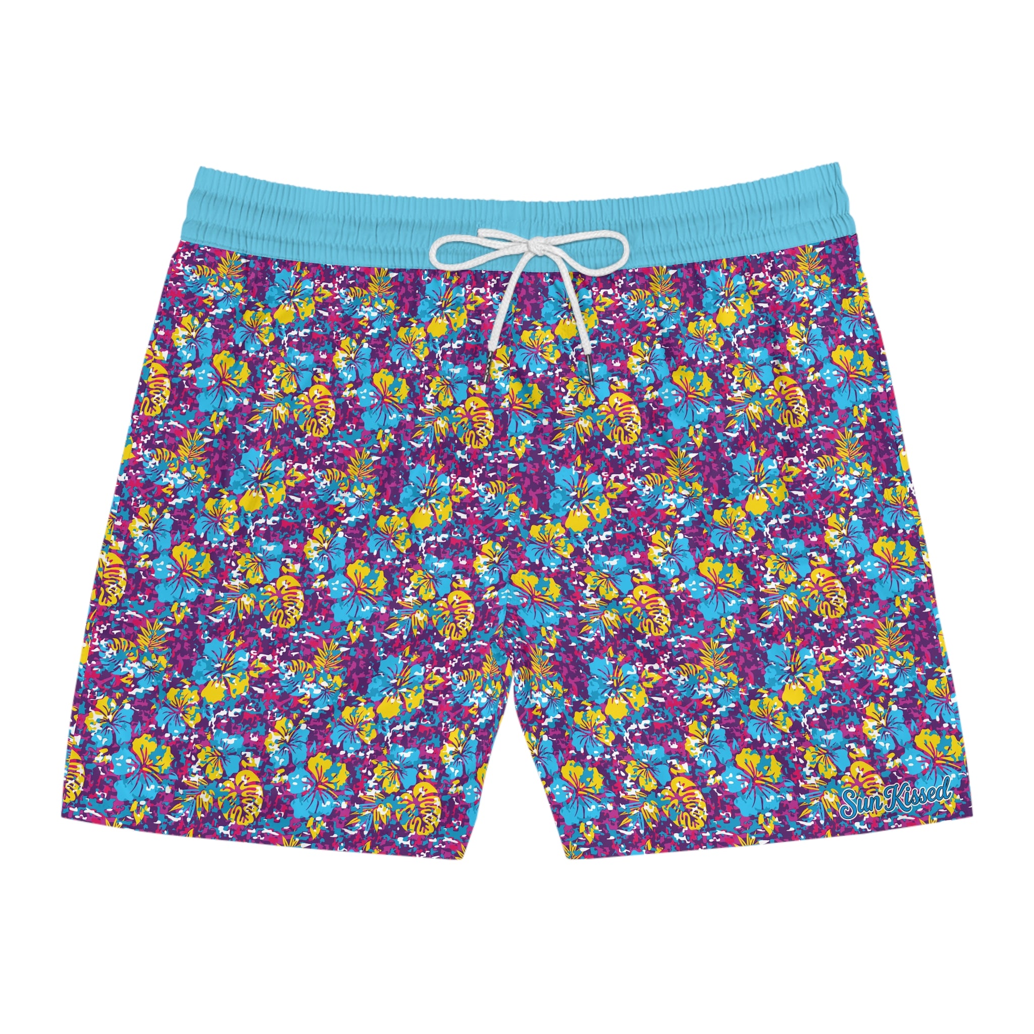 Yellow and Blue Abstract Hibiscus Swim Trunks