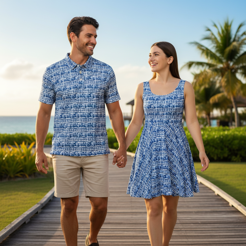 Blue Palm Stripes - Couple